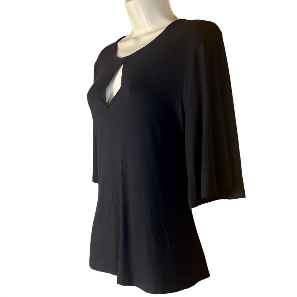 Peruvian Connection Black Keyhole Top Tie Waist Flutter Sleeve Stretch Blouse M - Picture 4 of 14